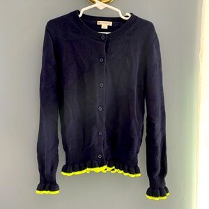 J Crew Crewcuts Girls size 8 navy blue cardigan with a pop of neon yellow